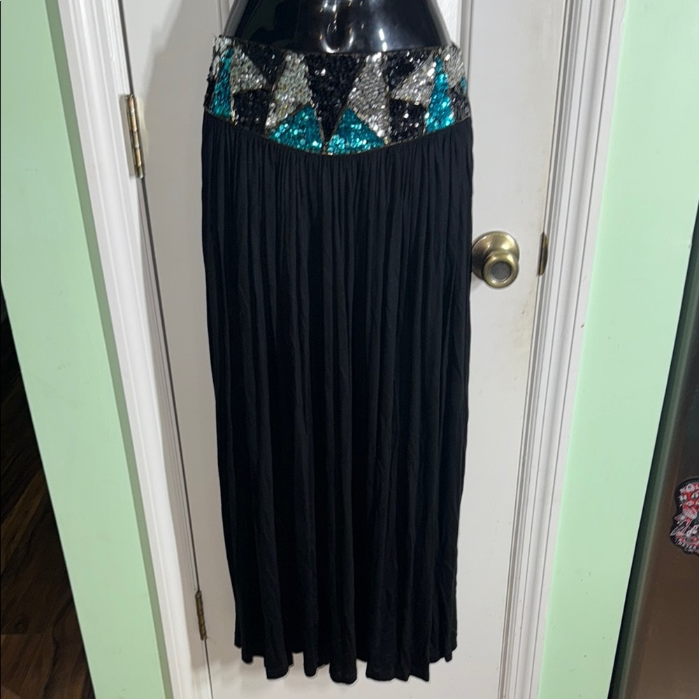 Christine Gerard Black 80s Vintage Maxi Skirt with Sequin Waist Glam Cowgirl Med